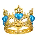 Close-up of golden crown with blue heart crystals and sparkling white rhinestones - Gold Base Lake Blue Heart
