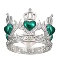 Detailed view of silver alloy crown ring featuring green heart gems and white crystals - Silver Base Green Heart