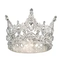 Detailed view of silver alloy tiara featuring intricate leaf patterns and sparkling rhinestones - Silver & White