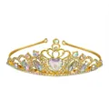 Macro detail of golden bridal crown with heart-shaped crystal and rhinestone accents - Gold + Full AB Rhinestone