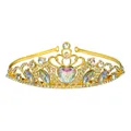 Detail of gold princess tiara featuring a large AB iridescent heart-shaped crystal centerpiece - Gold + White Rhinestone + AB