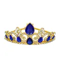 Detailed view of golden princess crown featuring teardrop blue gems and white crystals - Gold Tone + Royal Blue