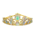 Close-up of golden princess crown with colorful rhinestones and teardrop jewels - Gold + Iridescent