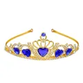 Detailed view of a golden crown featuring blue heart crystals and sparkling rhinestones - Gold + Royal Blue