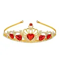 Close-up of golden princess crown with red heart crystals and white rhinestones - Gold+Red