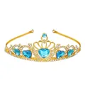 Close-up of golden princess tiara with blue heart gemstones and white rhinestones - Gold + Lake Blue