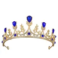 Corona da principessa dorata vintage con gemme blu a goccia e strass brillanti - Tono Oro + Blu Reale
