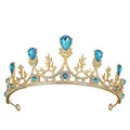 Elegant gold tiara with blue water-drop crystals and white diamonds on white background - Gold + Blue