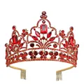 Elegant gold bridal crown with large red crystals and rubies for wedding hair styling - Gold/Red