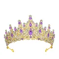 Luxurious gold bridal tiara with sparkling purple crystals and intricate rhinestone details - Gold + Purple