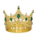 Golden alloy royal crown for kids with emerald green teardrop gems and rhinestones - Gold + Green