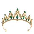 Vintage gouden bruidskroon met diepgroene strassteentjes en hol wijnrankenpatroon - Goud + Groen