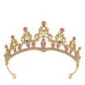Gouden bruidskroon met roze kristallen en witte strass-steentjes op witte basis - Goud + Roze