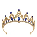 Vintage bruidskroon met gouden metalen basis, donkerblauwe edelstenen en witte strass - Goud+Rood