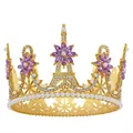 Detail of golden bridal crown with purple crystals, pearls and Eiffel Tower motif - Gold + Purple