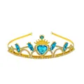 Golden alloy crown headband featuring heart-shaped blue gems and sparkling rhinestones - Gold + Lake Blue