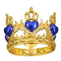 Golden alloy heart crown with royal blue accents and white rhinestones for parties - Gold Base Royal Blue Heart