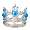 Silver alloy crown tiara with three blue heart-shaped gems and sparkling rhinestones - Silver Base Lake Blue Heart