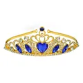 Golden bridal crown with large heart-shaped blue gemstone and white diamond accents - Gold + Royal Blue