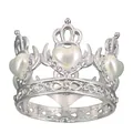 Silver crown ring featuring three large heart-shaped pearls and sparkling rhinestones - Silver Base White Heart