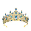 Luxury gold bridal tiara featuring intricate blue crystal droplets and white rhinestones - Gold + Lake Blue