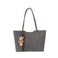Borsa tote leopardata grigia con manici in pelle marrone e ciondolo a forma di orso - con portachiavi / Grigio