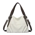 Minimalist white and brown contrast tote bag with large capacity and adjustable strap - Off White
