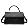 Classic black quilted leather handbag with silver logo and top handle in matte finish - Black