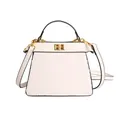 White woven trapezoid handbag with gold metal lock and smooth top handle strap - White