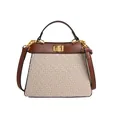 Brown and cream woven crossbody bag with gold twist lock and a vintage trapezoid shape - Beige