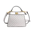 Silver woven texture trapezoid handbag with gold rotating clasp and shoulder strap - Silver