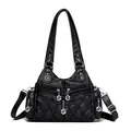 Vintage black soft leather multi-pocket tote bag with quilted pattern and silver charms - Black