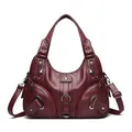 Deep red pebbled leather tote bag with dual handles and adjustable shoulder strap - Burgundy
