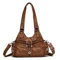 Retro medium brown soft leather tote bag with quilted stitching and floral metal charms - Tan