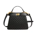 Retro black woven leather crossbody bag with golden square clasp and top handle design - Black