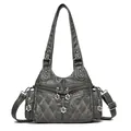 Dark grey vintage leather motorcycle bag with diamond quilting and silver floral zippers - Gray