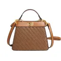 Brown woven leather satchel bag with gold hardware and adjustable crossbody strap - Khaki