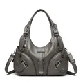 Grey dumpling style handbag with litchi grain texture and multiple zip pockets - Gray