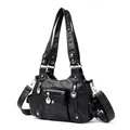 Borsa a mano classica in pelle PU nera morbida con tasche multiple e dettagli argentati - Nero