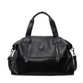 Retro black leather tote bag with unique safety pin zippers and large capacity design - Black