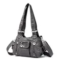 Borsa a mano retrò in pelle PU lavata grigia con tasche multiple e stile funzionale - Grigio