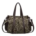 Brown leather and leopard print canvas large tote bag with adjustable shoulder strap - Brown