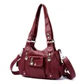 Borsa bordeaux retrò in pelle PU lavata con tasche multiple e tracolla regolabile - Borgogna