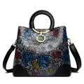 Ethnic retro gray leather handbag with embossed floral patterns and golden hardware - Gray