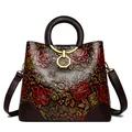 Retro ethnic handbag with 3D embossed red flowers and dark brown leather top handles - Light Yellow