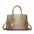 Elegant light brown crocodile pattern handbag with golden hardware and top handles - Khaki