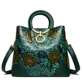 Retro dark green leather handbag with floral embossing and gold metal rings - Green