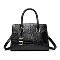 Elegant black crocodile-pattern tote bag with gold hardware and removable shoulder strap - Black