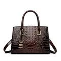 Dark brown faux crocodile tote bag with gold metal S-pendant and elegant top handles - Dark Brown