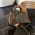 Mini houndstooth Boston bag with dark brown leather handles and adjustable shoulder strap - Houndstooth Coffee